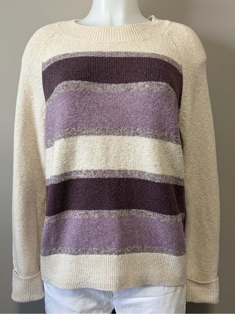 Denver Hayes Cream Sweater with Lavender and Plum Stripes